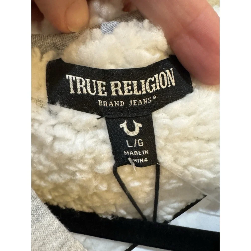 True Religion Sherpa Print Logo Seal Full Zip Hoodie in heather grey Size Large